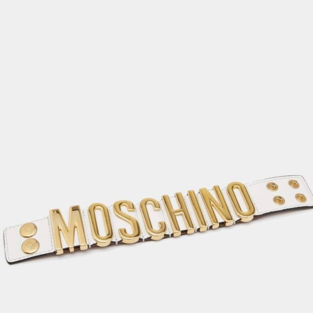 Moschino Logo Plaque White Leather Cuff Bracelet - Picture 2 of 10